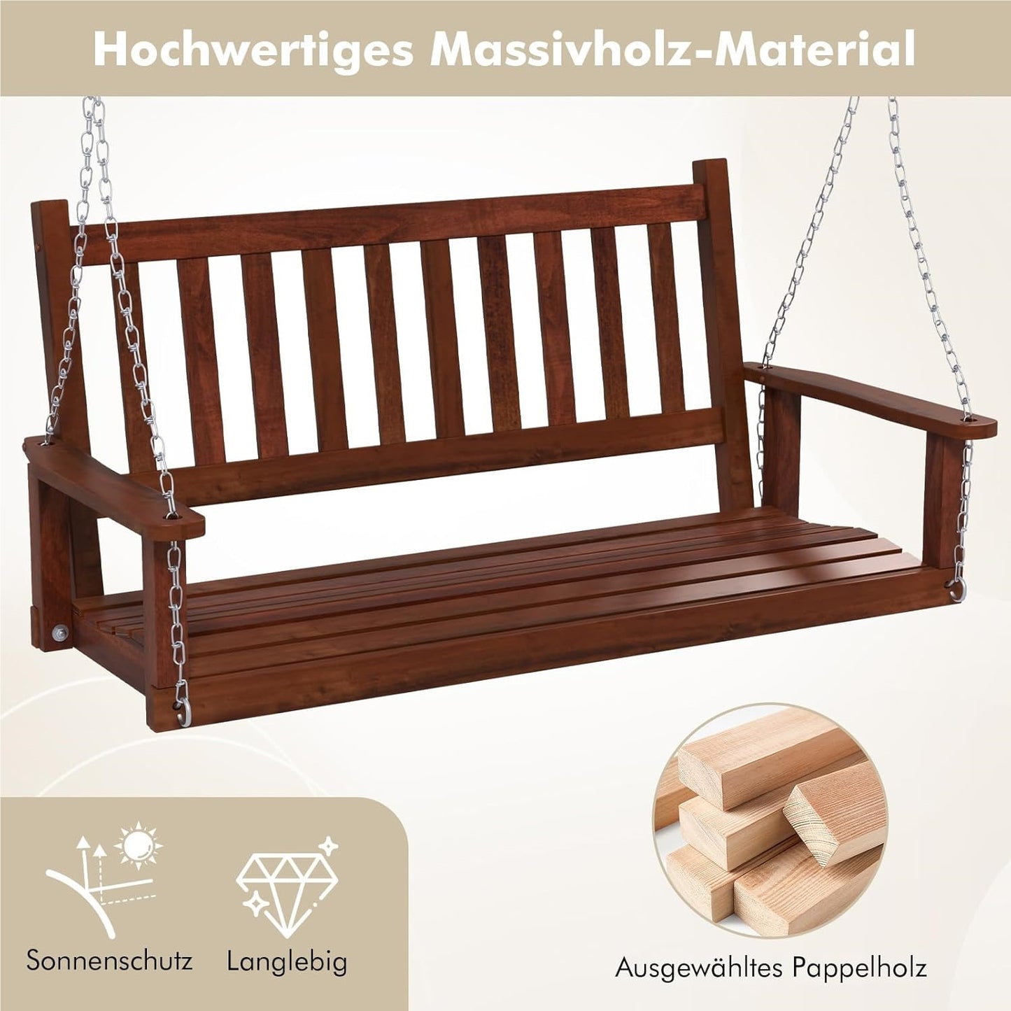 Houten Schommelbank – Tuinbank Schommel – Hangbank – Terrasbank – Hollywoodschommel – 3-Zits Tot 360 Kg Draagkracht – Weerbestendig Bruin 168x65x63 cm