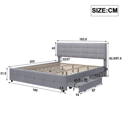 Tweepersoonsbed – Bed met opberglades – Platformbed – Slaapbank – Met opbergruimte – Grijs linnen – 4 royale lades – Stevig metalen frame – 140x200 cm – Geen montage nodig