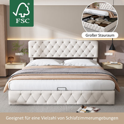 Tweepersoonsbed – Bed met Opbergruimte – Boxspring – Bedframe – Slaapbank – Matras Inclusief – Gestoffeerd Grijs – 140x200 cm – Lattenbodem van Hout