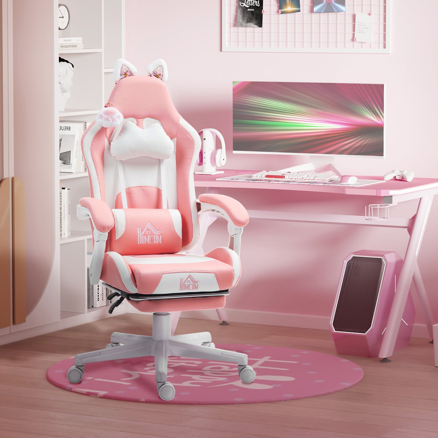 Gamingstoel – Gamestoel – Gaming Chair – Bureaustoel – Game Stoel – Ergonomisch Met Verstelbare Rugleuning – Inclusief Uitschuifbare Voetensteun – Roze Met Kattenoren