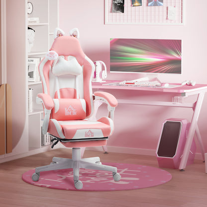 Gaming Chair with Cat Ears, Reclining Backrest, Extendable Footrest, Up to 120 kg, Pink/White