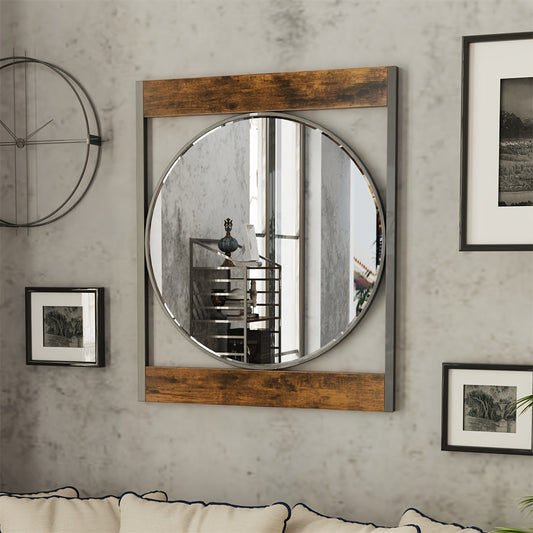 Wandspiegel – Spiegel – Passpiegel – Badkamerspiegel – Woonkamer Spiegel – Industrieel Design – Houtnerf Metaal Frame – 63x76 cm – Krasvast & Roestvrij