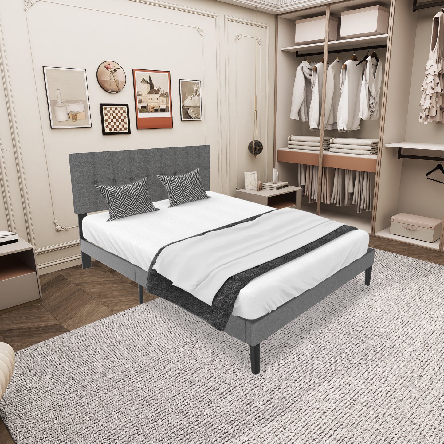 Linnen Gestoffeerd Bedframe – Bed Met Hoofdbord – Slaapbank – Bedframe 160x200 – Bed Met Lattenbodem – Donkergrijs – Stevig Metalen Frame – Geluidsloze Latten
