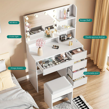 Make-up Tafel – Kaptafel – Schminktafel – Dressing Table – Beauty Tafel – Witte Metalen Kaptafel – LED Spiegel Met 3 Lichtstanden – Inclusief Comfortabele Kruk