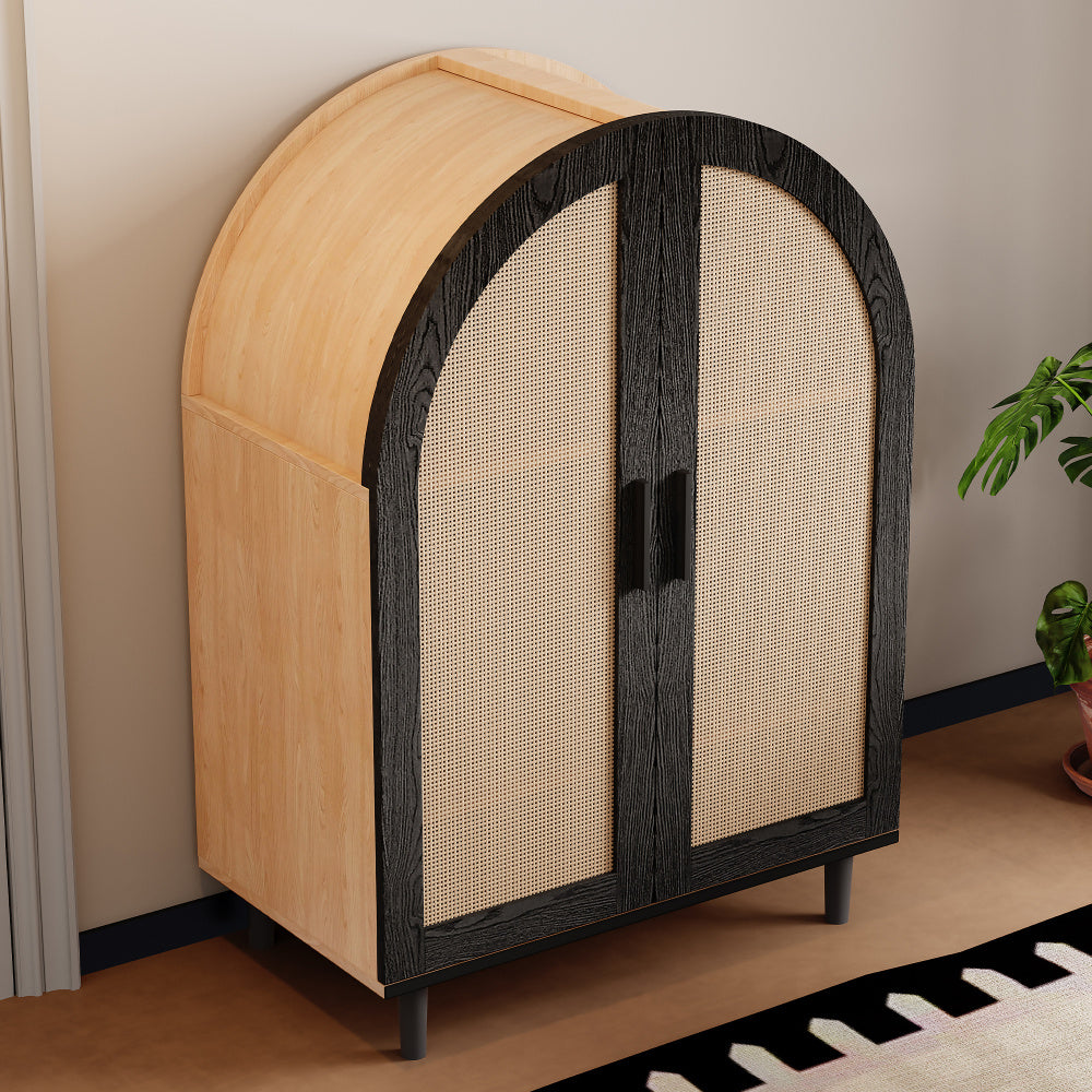 Modern Metal Shoe Cabinet with Wicker Doors - Freestanding Shoe Storage Unit, Curved Edges & 3 Shelves, Space-Saving Vertical/Horizontal Suitable for Entryway, Hallway, Small Apartments - Assembly Required