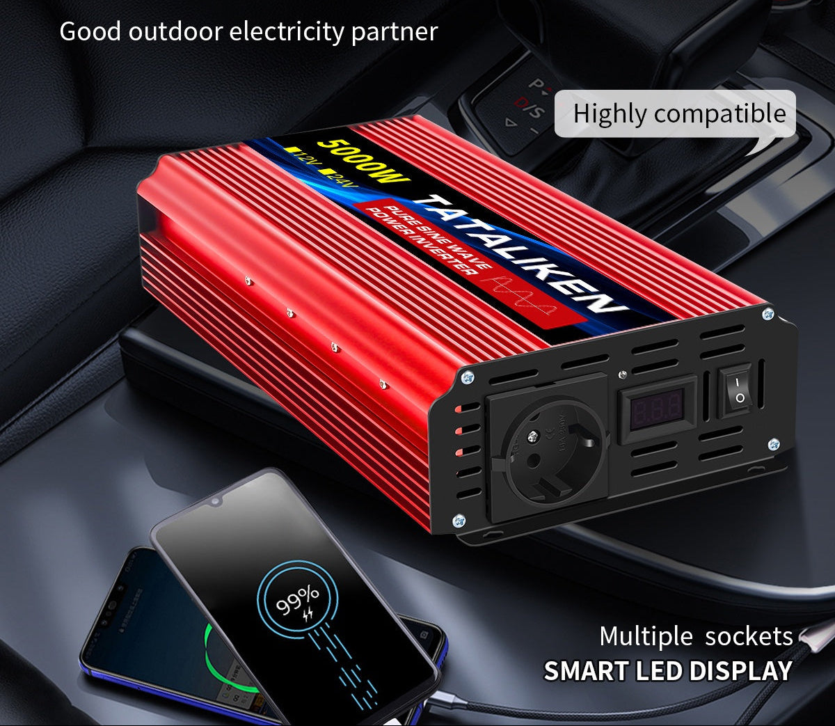 Spanningsomvormer – Omvormer – Inverter – Stroomomzetter – Converter – 12V Naar 220V – Zuivere Sinusgolf – 5000W Piekvermogen – Aluminium Behuizing Met Datadisplay