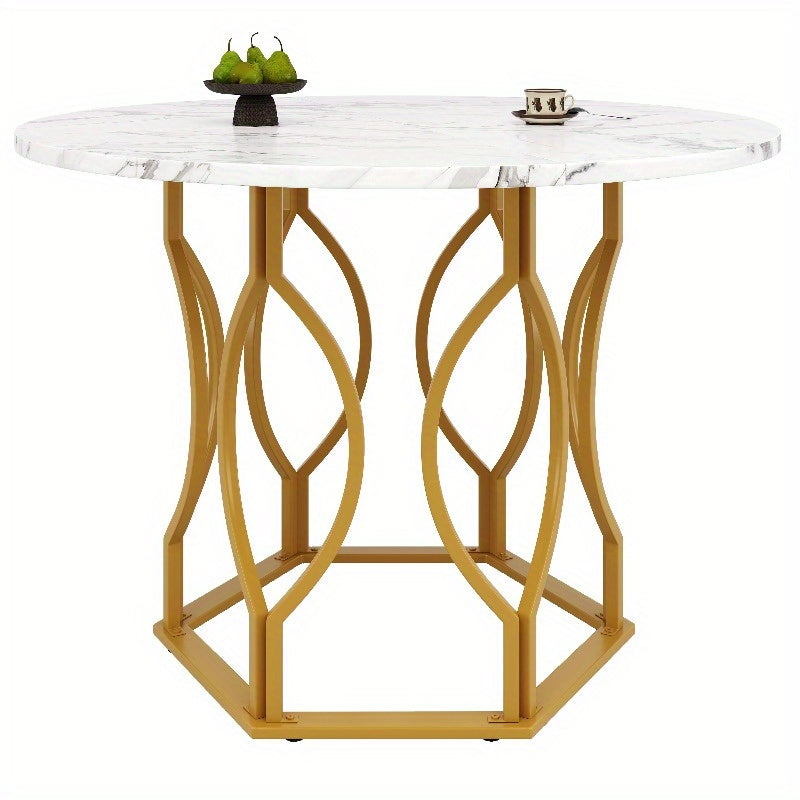 Ronde Eettafel – Moderne Tafel – Bistrotafel – Keukentafel – Tafel Met Marmeren Blad – 100 cm Rond – Gouden Metalen Poten – Stijlvol Marmerdesign – Compact Voor Kleine Ruimtes