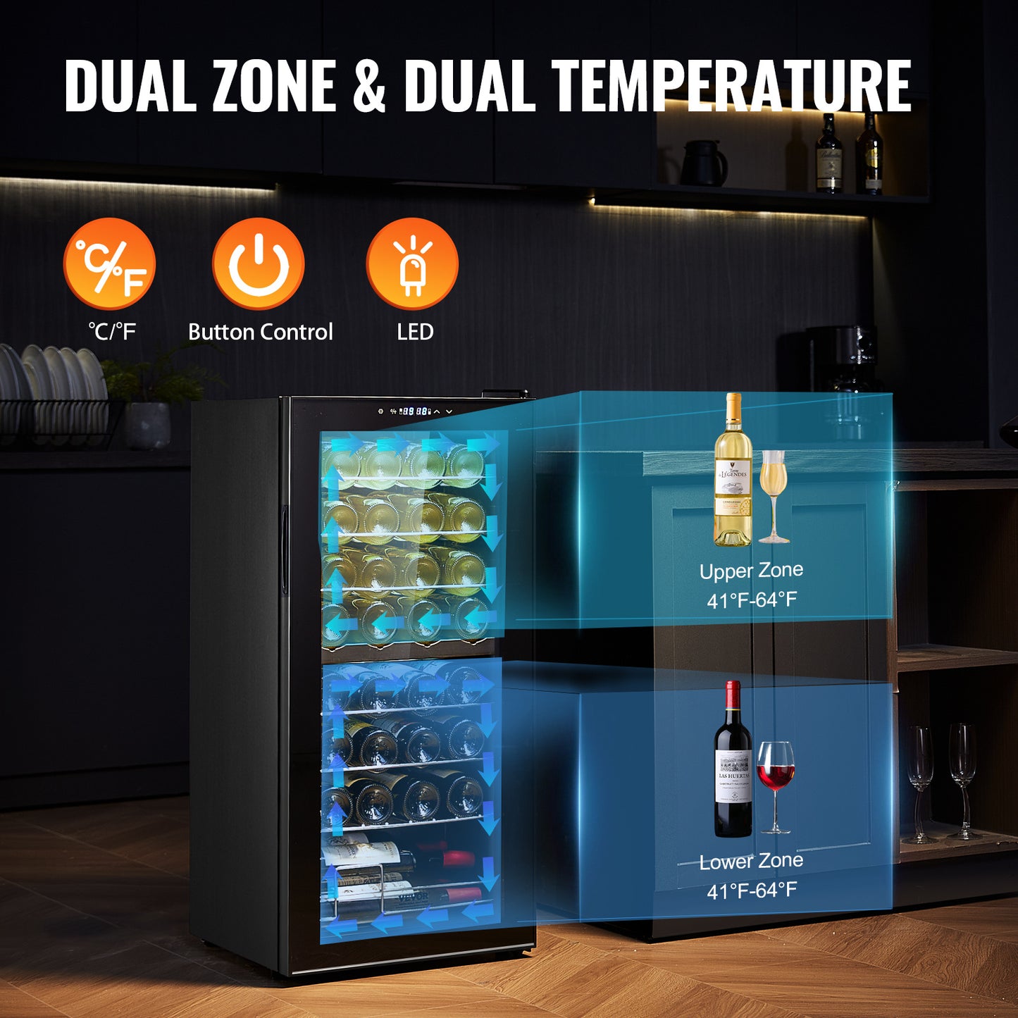 Wijnkoelkast – Wijnkoeler – Wijnklimaatkast – Vrijstaande Koelkast – Drinkkoeler – 32 Flessen – Twee Temperatuurzones – LED Verlichting