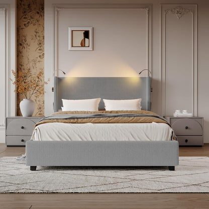 Gestoffeerd Bed – Hydraulisch Bed – Opbergruimte Bed – Tweepersoonsbed – Bedframe Met Lattenbodem – 140x200 cm – Met Leeslamp En USB Oplader – Grijs