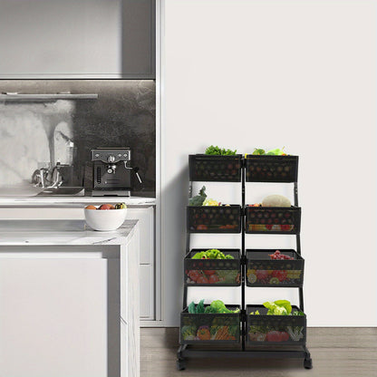 Opbergrekje – Opbergtrolley – Stellingkast – Opbergwagen – Opbergrek – Zwart Metalen Frame – 4 Laags Met 8 Grote Mandjes – Mobiel Met Remmen – Ruimtebesparend Verticaal Design (60x40,5x110 cm)