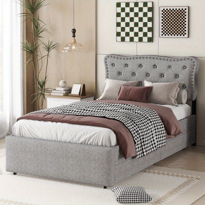 Bedframe – Bed – Eenpersoonsbed – Slaapbank – Bedbank – Moderne Stoffering – 90x200 cm – Met Opbergladen