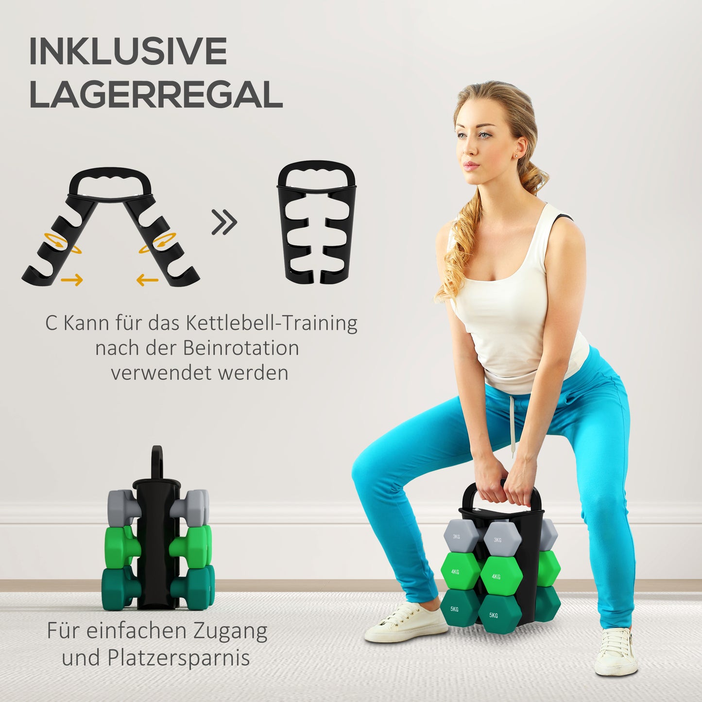 Dumbbell Set – Halter Set – Krachttrainingsset – Fitness Gewichten – Home Workout Set – Hexagonale Vorm – Inclusief Compact Opbergrek – Grijs, Groen, Zwart