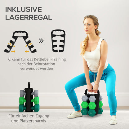 Dumbbell Set – Halter Set – Krachttrainingsset – Fitness Gewichten – Home Workout Set – Hexagonale Vorm – Inclusief Compact Opbergrek – Grijs, Groen, Zwart