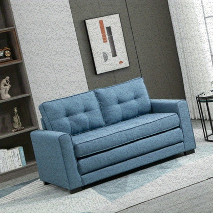 Slaapbank – 2-Zitsbank – Bedbank – Uitklapbank – Zetelbed – Linnen Look Stof – Inklapbaar – Rubberen Houten Frame – Blauw – Compact 147,5x75x85 cm