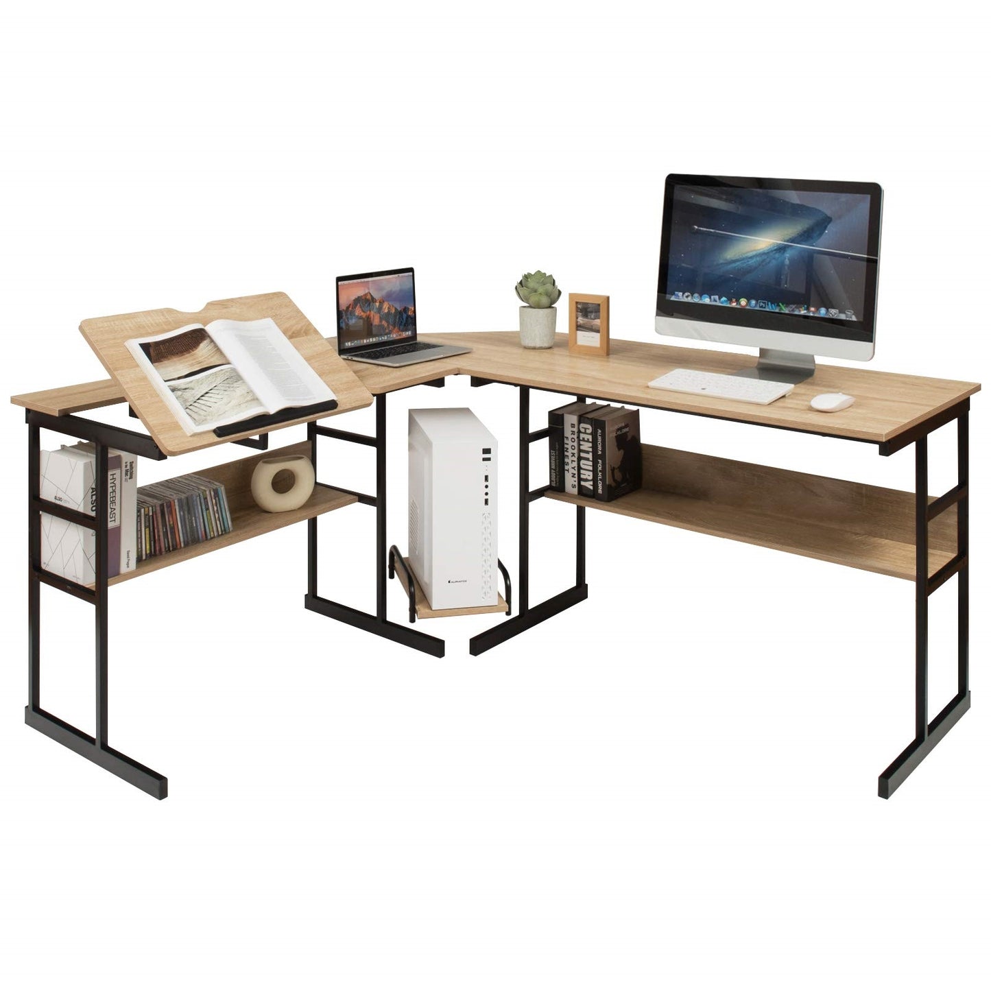 L-Shape Bureau – Hoekbureau – Computertafel – Werkplek – Thuiswerkplek – Houten Tafel Met Verstelbaar Schuin Blad – 170x150x75 Cm Naturel
