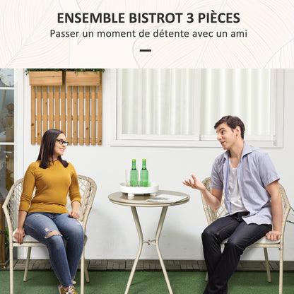 Bistroset – Tuinset – Balkonset – Tuintafelset – Buitenmeubelset – 3-delig – Met Kussens – Ronde Tafel Met Gehard Glas – Weerbestendig Rattan Effect – Beige