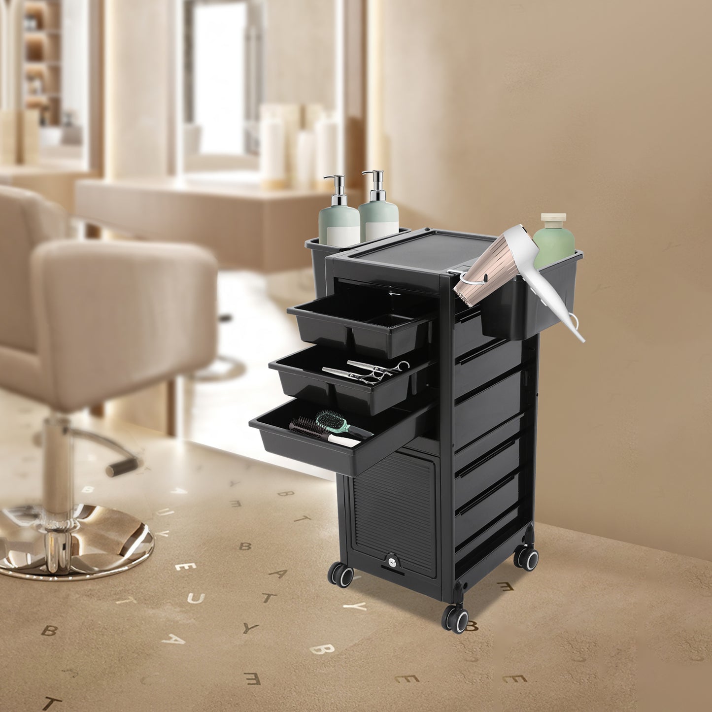 Heavy-Duty Rolling Salon Storage Cart with 6 Trays & 2 Baskets - Mobile Beauty Organizer with Locking Wheels, Large Capacity Salon Cart, Sturdy Metal Frame & ABS Construction, Space-Saving Design for Salon, Spa, Barber Shop,