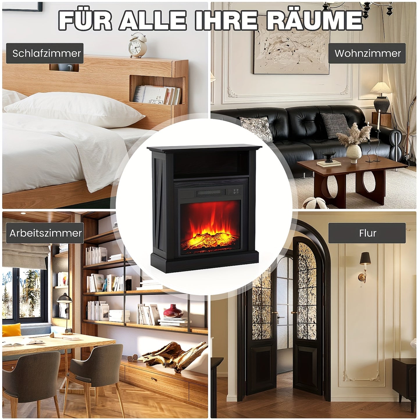 Elektrische Haard – Vuurtafel – Haardkachel – Sfeerkachel – Vuurkorf – Realistisch 3D Vlammenbeeld – Verwarming 1800-2000W voor 30 m² – Vrijstaand Zwart Met Mantel