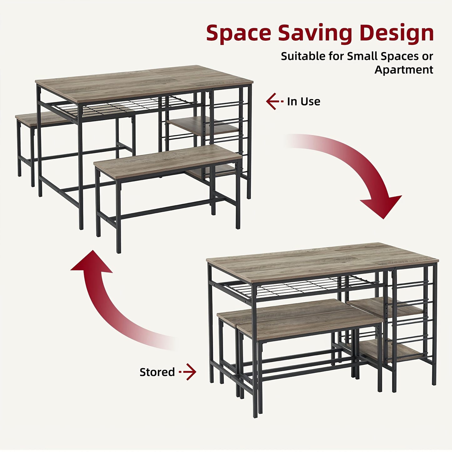 Eettafel Set 3-Delig – Keukentafel – Tafel Met Bank – Bistro Set – Kleine Eettafel – Compact Ontwerp – Hardhouten Blad & Wijnrek – Zwart Metalen Frame – Ruimtebesparend Voor Kleine Woonruimtes