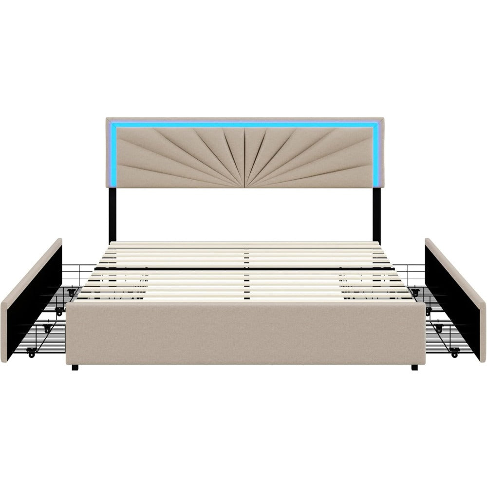 Tweepersoonsbed – Bedframe – Opbergbed – Led Bed – Linnen Gestoffeerd – Met 4 Laden – Met Houten Latten – Usb Oplaadpoorten