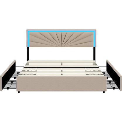 Tweepersoonsbed – Bedframe – Opbergbed – Led Bed – Linnen Gestoffeerd – Met 4 Laden – Met Houten Latten – Usb Oplaadpoorten