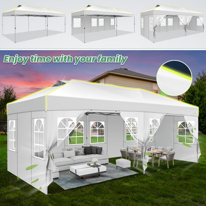 Partytent – Paviljoen – Feesttent – Tuintent – Vouwtent – 3x6 Meter – Oxford Stof – Inklapbaar Met Centrale Klikvergrendeling – 6 Zijwanden – Fluorescerende Strepen – Waterafstotend – Zwart