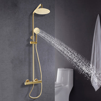 Regendouche – Douche Set – Douchepakket – Douchekolom – Douche Systeem – Thermostaat – Gouden Messing Afwerking – 20 cm Draaibare Topdouche – Instelbare Sproeistanden