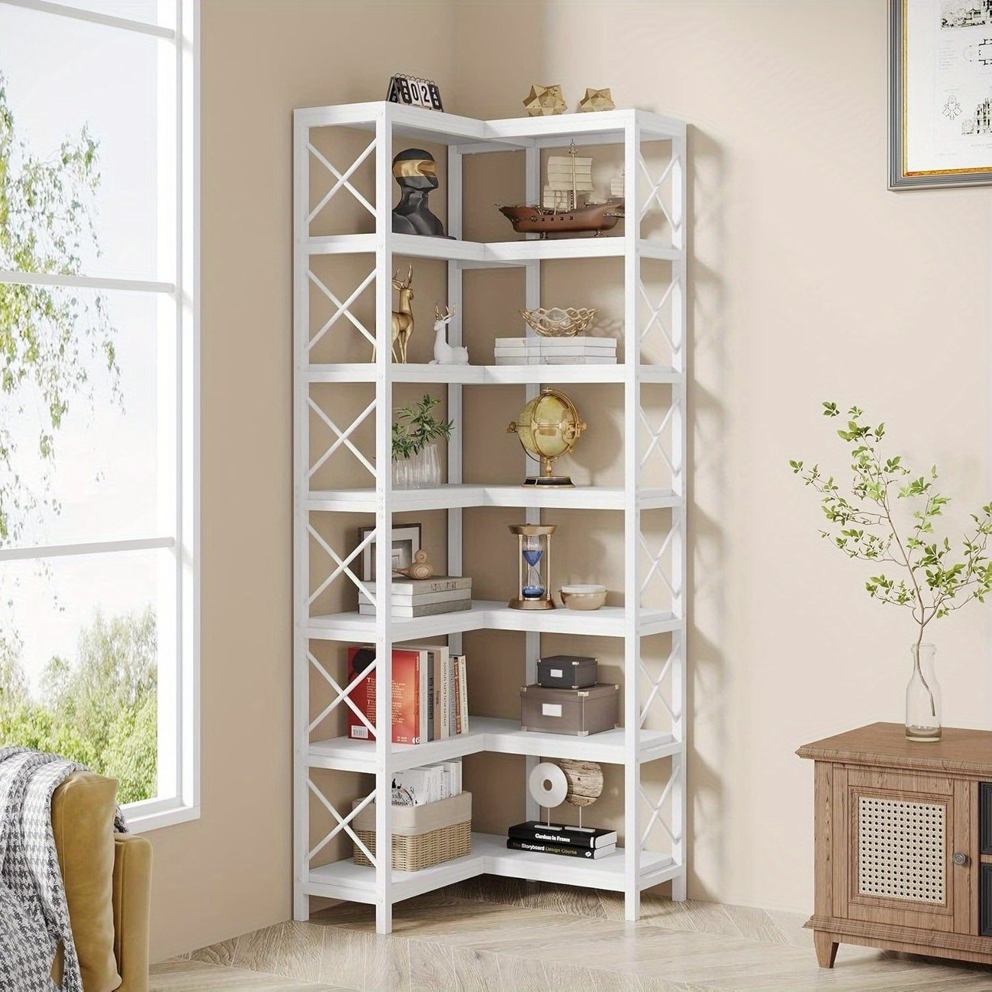 Hoekboekenkast – Hoekrek – Boekenplank – Opbergkast – Vakkenkast – Industrieel Design – 7-laags – Stevig Metalen Frame – Wit – 69 cm Hoog – Max. 22,68 kg Belastbaar Per Plank