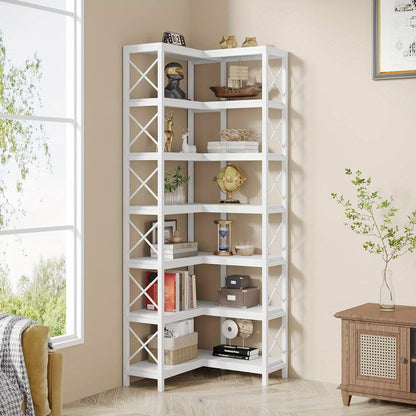 Hoekboekenkast – Hoekrek – Boekenplank – Opbergkast – Vakkenkast – Industrieel Design – 7-laags – Stevig Metalen Frame – Wit – 69 cm Hoog – Max. 22,68 kg Belastbaar Per Plank