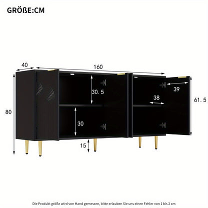 Dressoirkast – Kast – Sideboard – Wandmeubel – Opbergkast – Zwart – Vierdeurs – Gouden Handgrepen – Hoogglans Poten – 160x80x40 cm