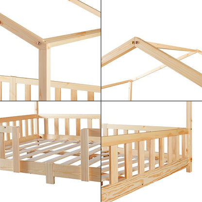 Kinderbed – Kinderbedden – Eenpersoonsbed – Hoogslaper – Stapelbed – Huisvormig Design – Valbeveiliging – Grenenhout – 140x200 cm