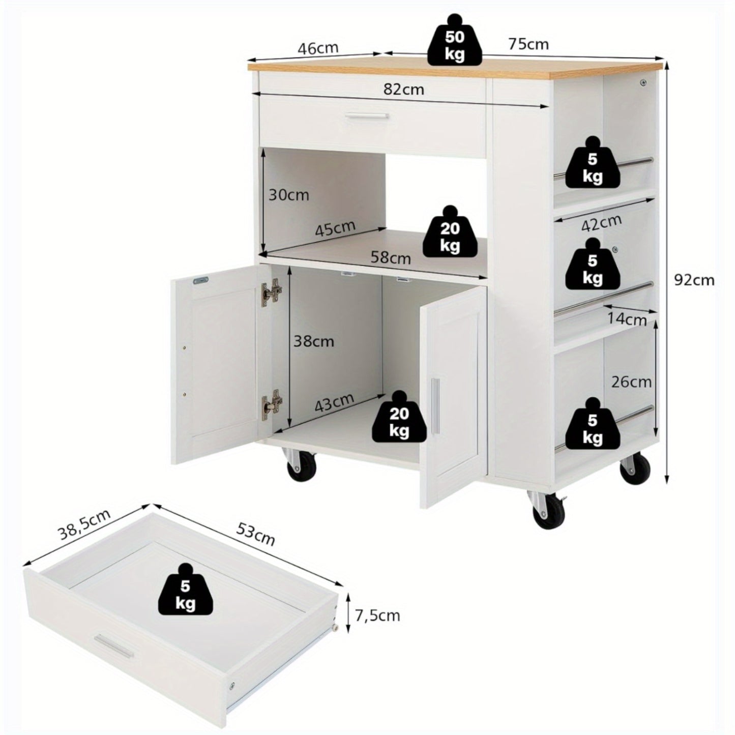 Keukenwagen – Keukentrolley – Keukenkar – Serveerwagen – Opbergwagen – Mobiel met Remmen – Brede Waterbestendige Bovenplaat – Compact MDF & Hardhout Wit