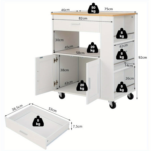 Keukenwagen – Keukentrolley – Keukenkar – Serveerwagen – Opbergwagen – Mobiel met Remmen – Brede Waterbestendige Bovenplaat – Compact MDF & Hardhout Wit