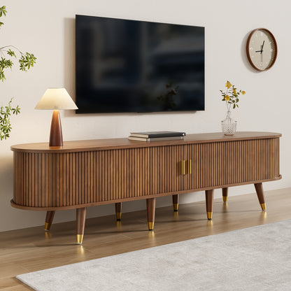 TV-kast – TV-meubel – Mediameubel – TV-dressoir – Tv-meubel met rieten schuifdeuren – Walnootkleur – 175 cm breed – Ruime opbergruimte – Duurzaam bamboemateriaal