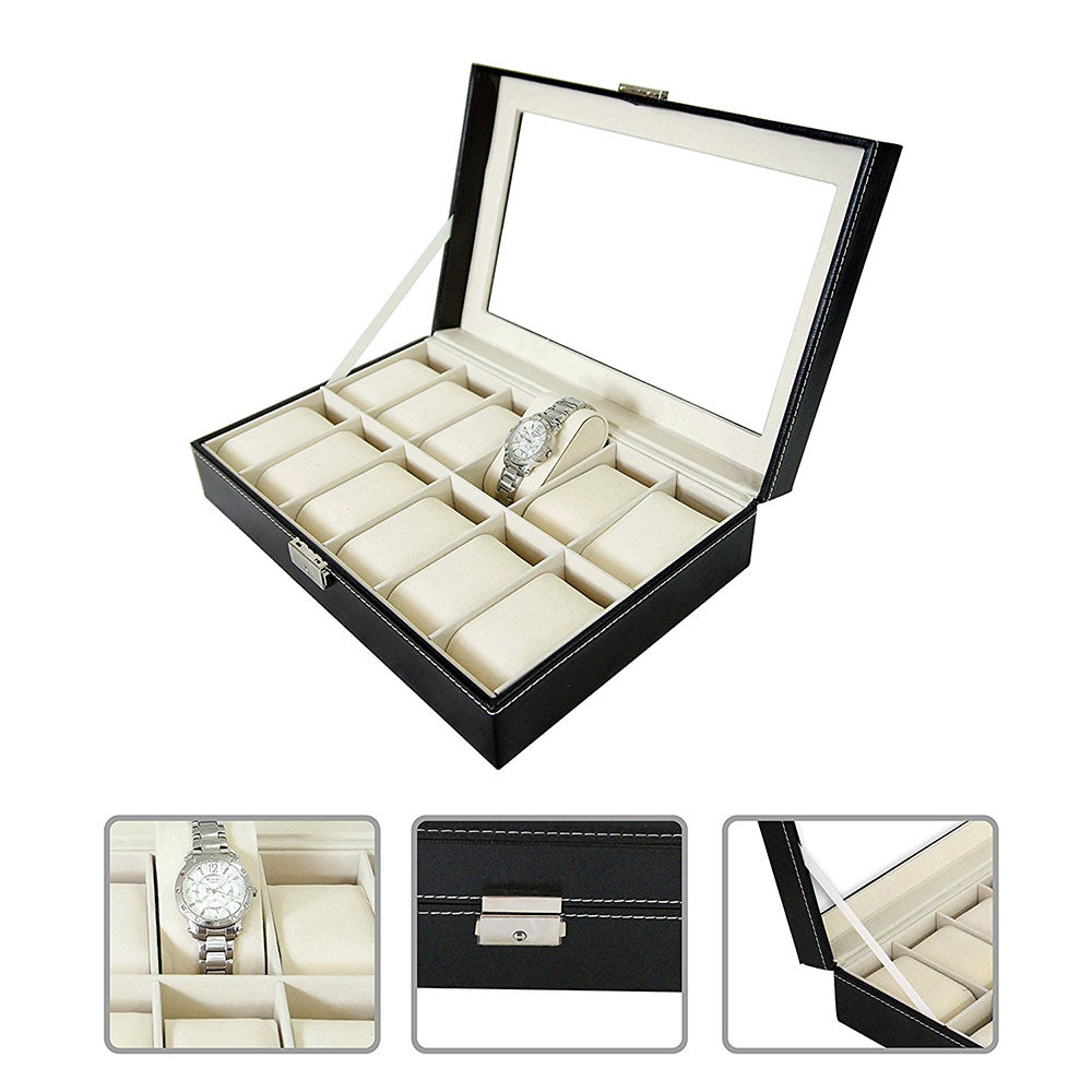 Horlogedoos – Horloge Opbergdoos – Horlogebox – Sieradendoos – Watch Box – 12 Vakken – PU Leer – Zachte Voering – Veilig Sluitclip – Zwart Buitenwerk – Beige Binnenkant