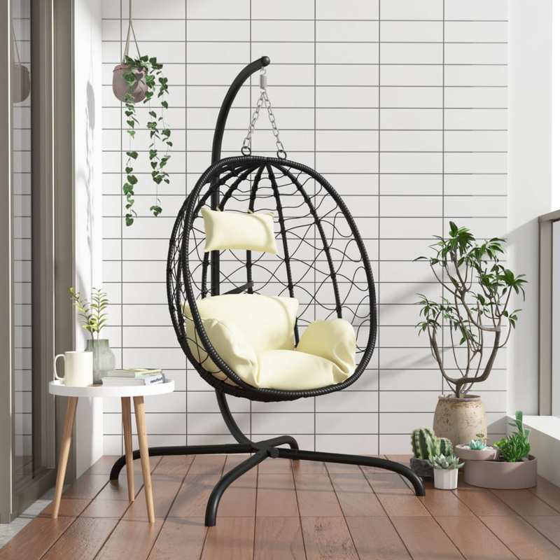 Hangstoel – Hangstoel met Standaard – Egg Chair – Hangmand – Schommelstoel – Kunststof Rattan – Stalen Frame – Incl. Creme-wit Kussen – Max. Belastbaar 150 kg