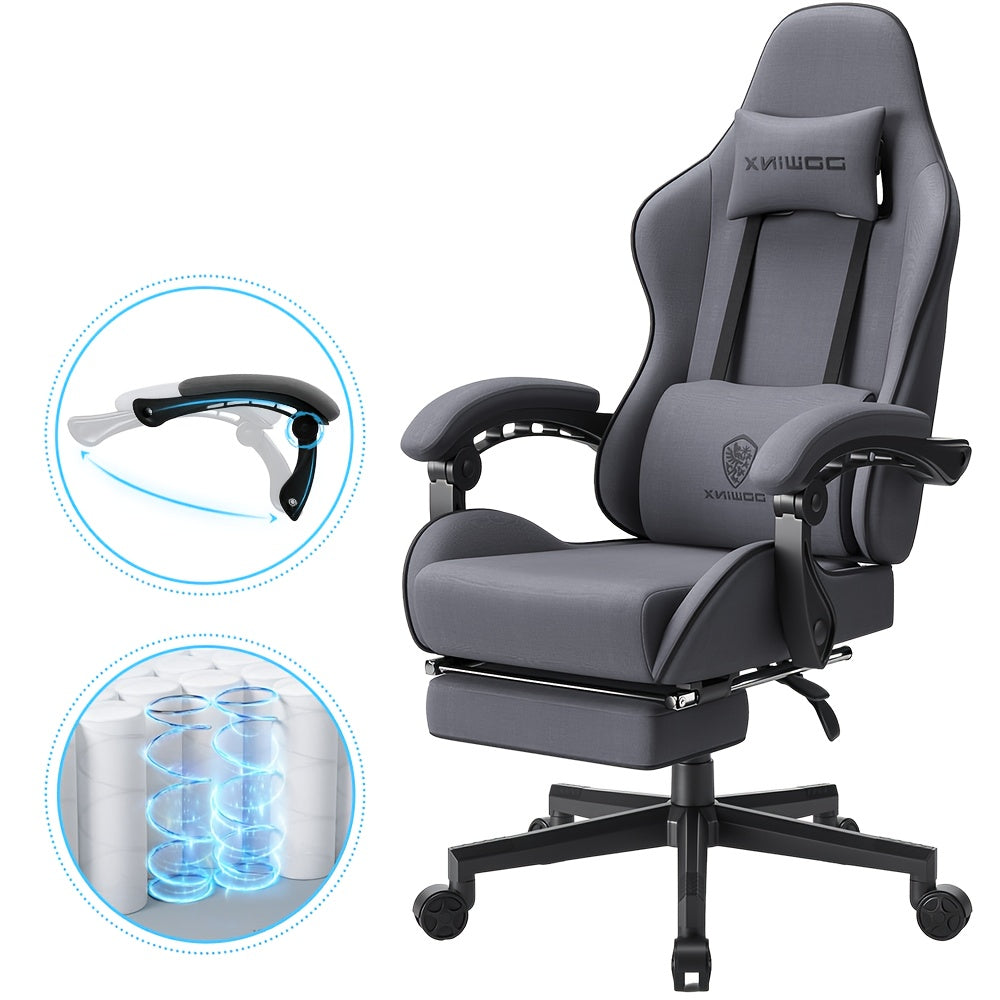 Gamingstoel – Gamestoel – Gaming Chair – Game Stoel – Bureaustoel – Ergonomische Hoge Rugleuning – Pocketveren Zitting – Ademend Materiaal – Verstelbaar – Grijs