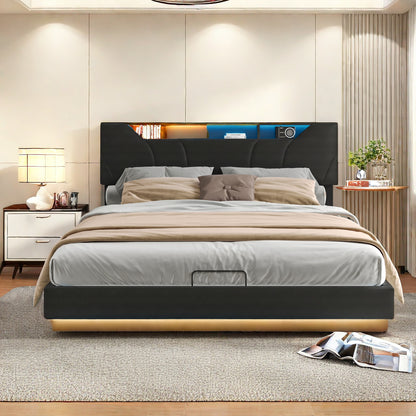 Gestoffeerd Bed – Tweepersoonsbed – Opbergbed – Led Sfeerverlichting Bed – Bed Met USB Oplader – 140x200 cm – Opbergruimte Met Hydraulische Gasveren – Lattenbodem & Zwart PU-Leder