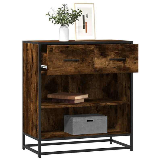 Contemporary Hardwood Sideboard with 3 Drawers & Open Shelves - 68x35x76cm, Smoke Oak Finish, Removable Top, Metal Frame, Perfect for Living Room or Office Decor, Living Room Furniture, Minimalist Decor, Sleek Design, Durable