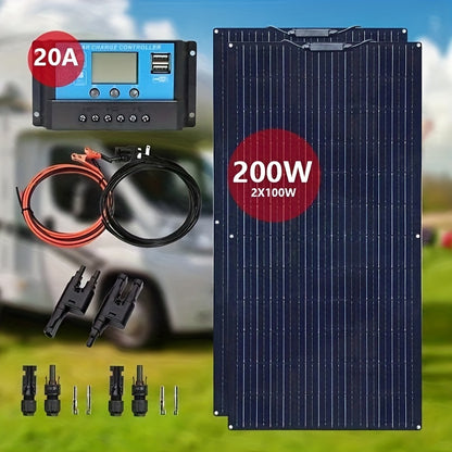 200W Zonnepaneel Kit – Solar Panel Set – Zonne-energie Systeem – Batterijlader – Zonnecel Systeem – Flexibel & Lichtgewicht – Inclusief 20A Ladingsregelaar – Hoog Rendement Monokristallijn