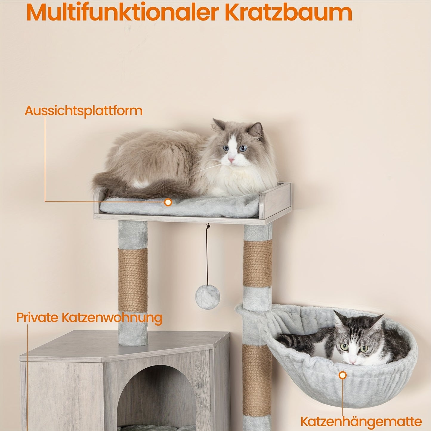Kattenmeubel 4-in-1 – Kattenboom – Krabpaal – Kattenhuis – Kattenbakmeubel – Taupe – Ruim & Stabiel – Verstopte Kattenbak Met Sisal Krabpalen