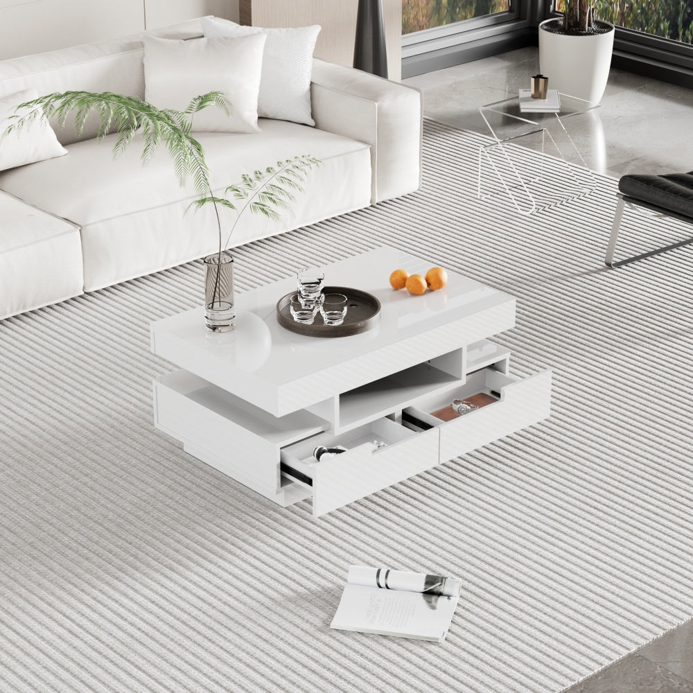 Salontafel – Koffietafel – Bijzettafel – Woonkamertafel – Opbergtafel – Hoogglans Wit – 4 Lades – Ruime Opbergruimte – Duurzaam Samengesteld Hout – Geen Montage Nodig