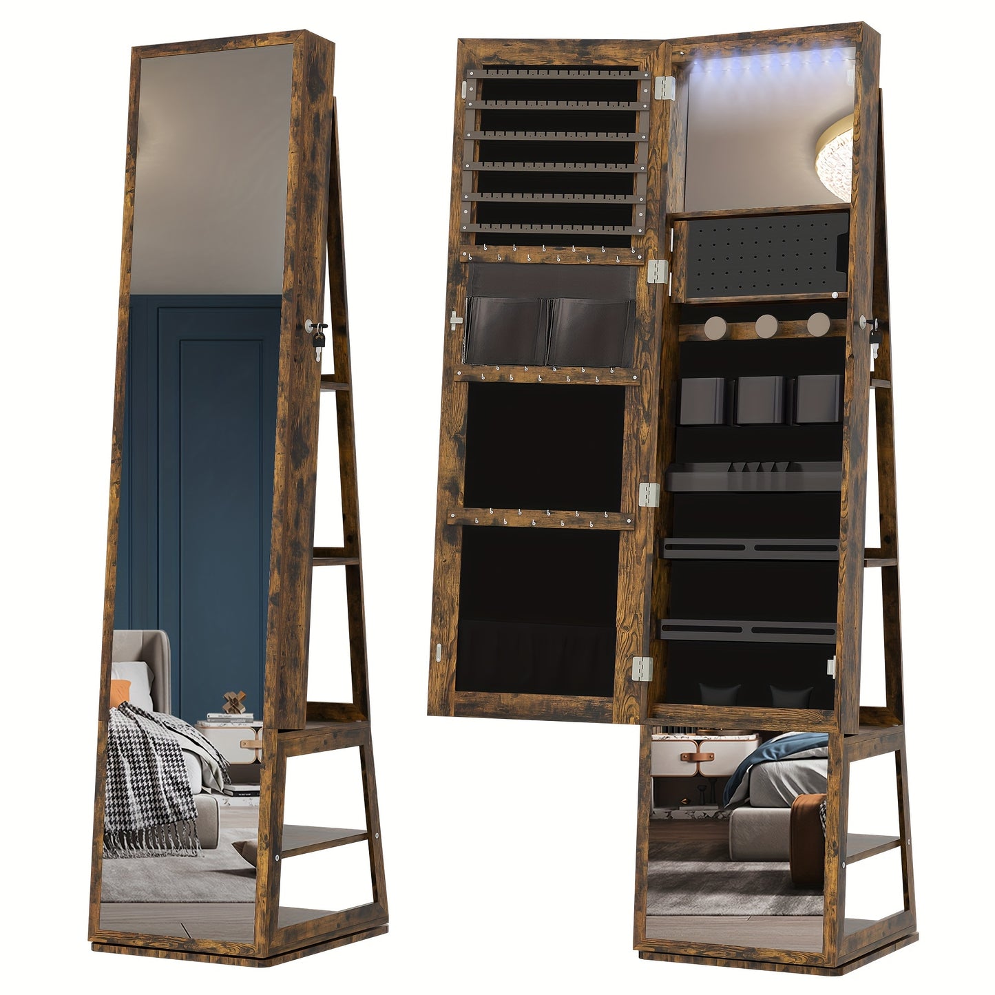 Sieradenkast – Juwelenkast – Spiegelkast – Sieradenopberger – Make-upkast – 4-in-1 Design – Afsluitbaar Met Volledige Spiegel – Vintage Kleur – MDF & Fluwelen Bekleding