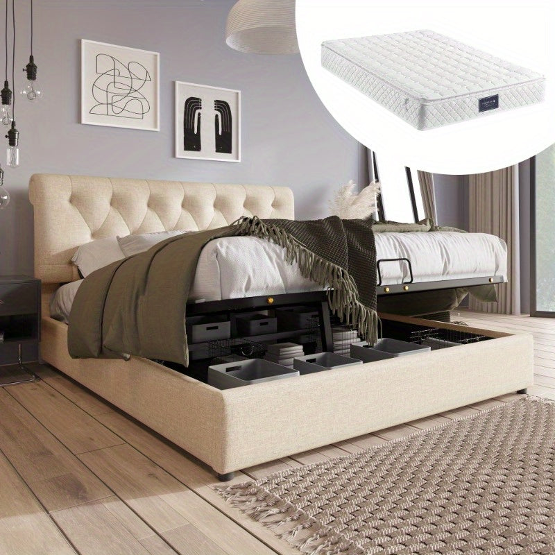 Hydraulisch Tweepersoonsbed – Verstelbaar Bedframe – Bed met Opbergruimte – Metalen Lattenbodem – Matras Inclusief – 160x200 cm – Moderne Natuurlijke Stijl – Verstelbare Hoofdbord