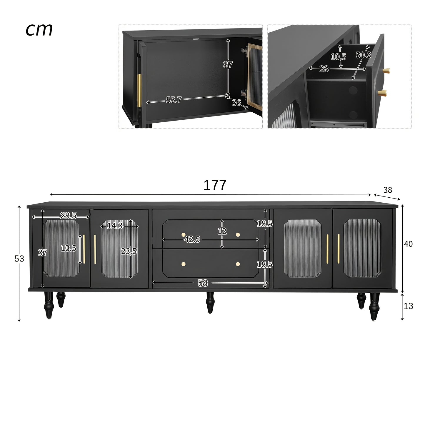 Retro TV Stand with Glass Door Cabinet - Heavy-Duty Metal Construction, Black Entertainment Center with Golden Handles, Living Room Storage Furniture for Media Console or Sideboard - Easy Assembly Required, Tv Console for Liv