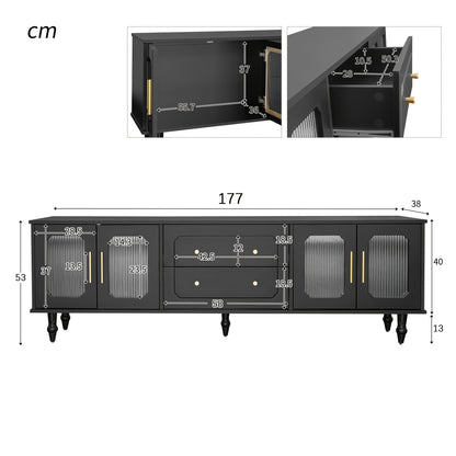 Retro TV Stand with Glass Door Cabinet - Heavy-Duty Metal Construction, Black Entertainment Center with Golden Handles, Living Room Storage Furniture for Media Console or Sideboard - Easy Assembly Required, Tv Console for Liv