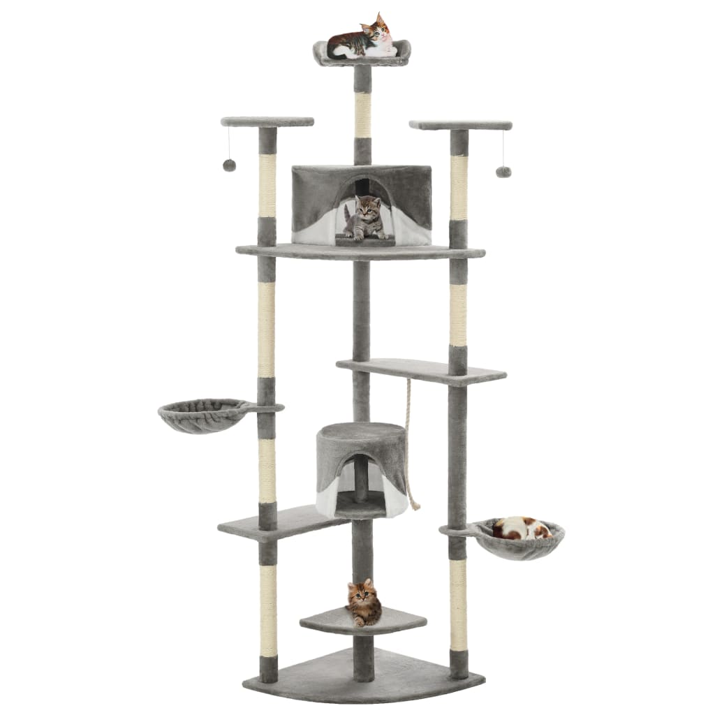 Krabpaal – Kattenkrabpaal – Kattenboom – Kattenhuis – Krabmeubel – Meerdere Niveaus – Pluche Bekleding - Grijs en Wit