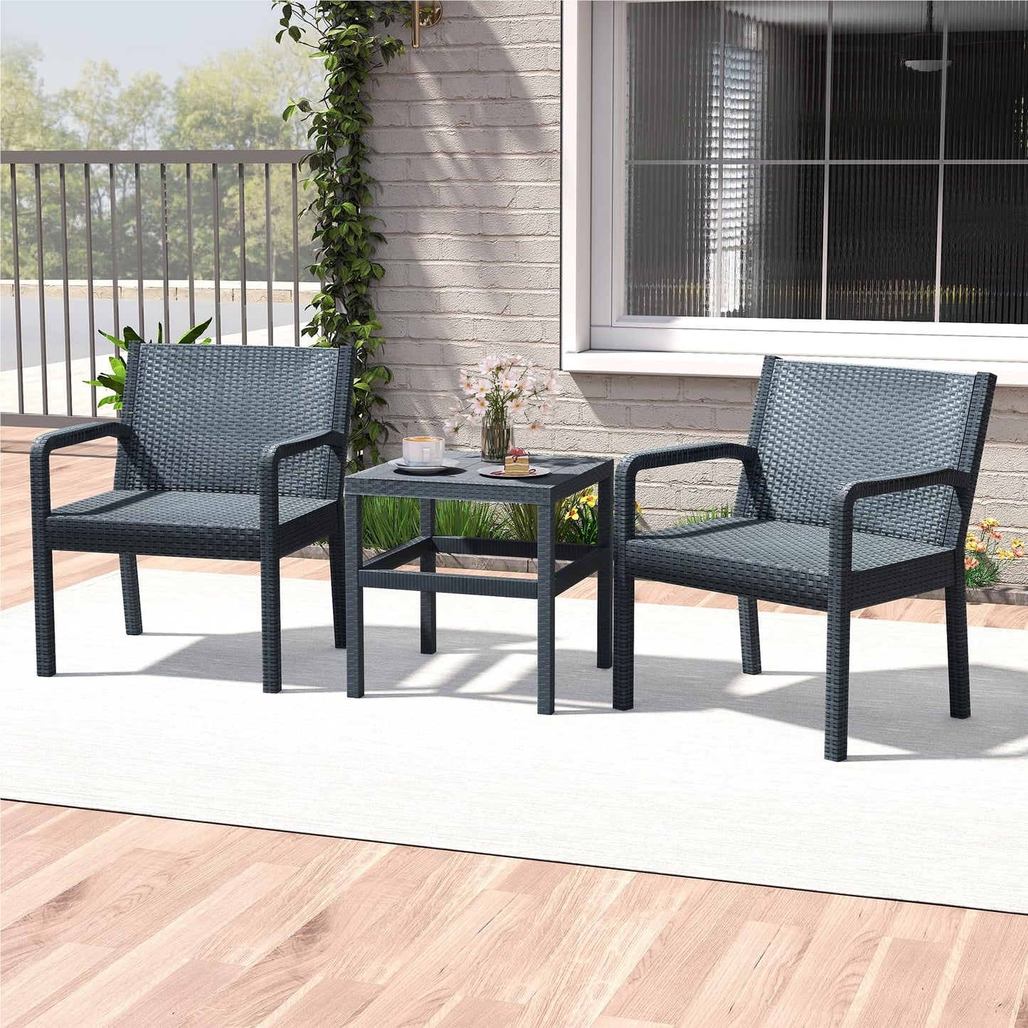 3-Delige Rattan Tuinmeubelset – Balkonset – Terrasmeubilair – Tuinset – Loungeset – Weerbestendig Pp-Materiaal – Ergonomische Stoelen Met Bijzettafel – Grijs