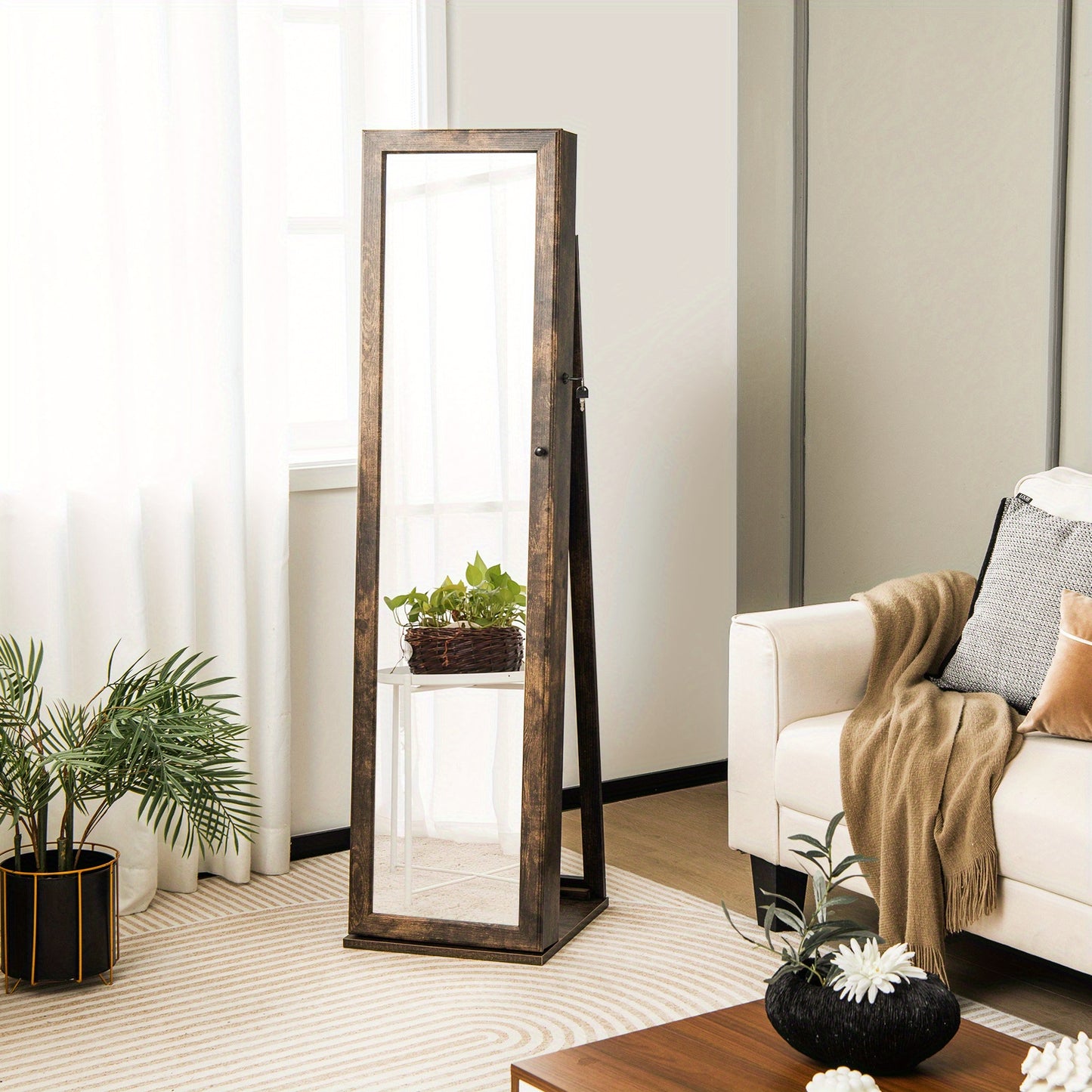 Sieradenkast – Spiegelkast – Juwelenkast – Opbergkast – Sieradenorganizer – Vrijstaand met slot – Antiek bruin MDF design – Volledige spiegel en make-upspiegel – Ruime opbergruimte met haakjes en planken – Stevige constructie