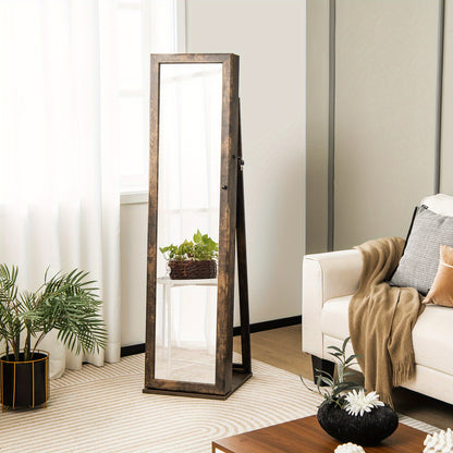 Sieradenkast – Spiegelkast – Juwelenkast – Opbergkast – Sieradenorganizer – Vrijstaand met slot – Antiek bruin MDF design – Volledige spiegel en make-upspiegel – Ruime opbergruimte met haakjes en planken – Stevige constructie